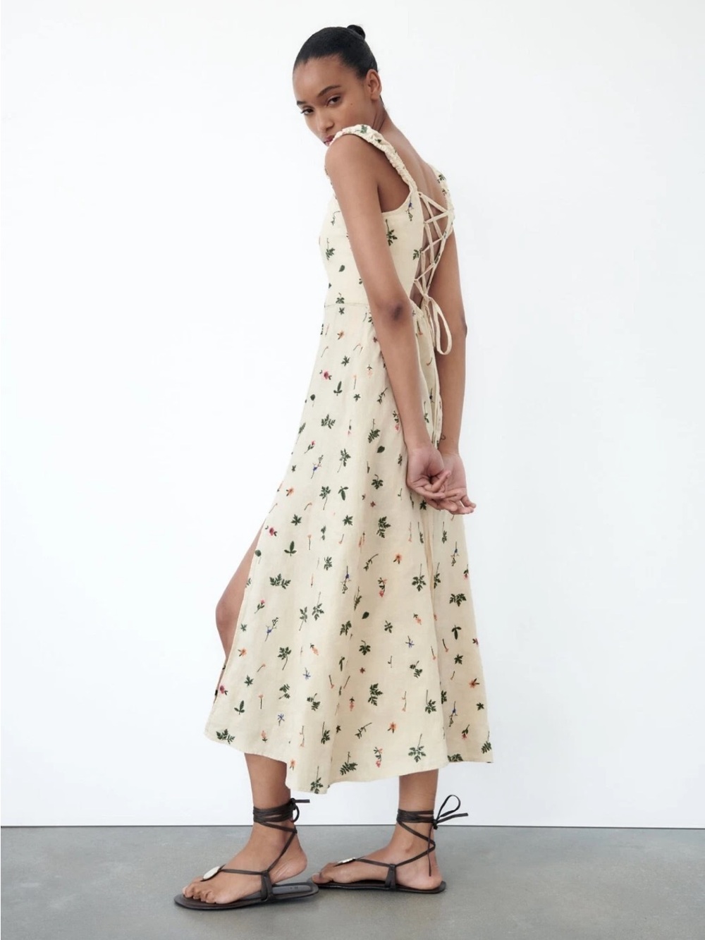 Zara Floral Embroidered Linen Blend Lace-Up Dress (Midi) Size S